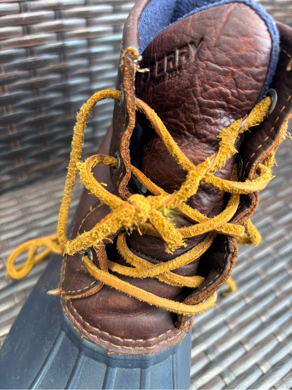 Women’s Sperry Satwater Ankle Duck Boots Brown/Navy Leather Rubber Size 9
